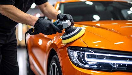 A skilled worker polishes an orange car using a power polishing machine, enhancing its glossy finish - capturing craftsmanship, automotive care, and the shine of professional detailing work