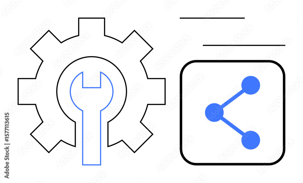 Aufkleber gear with wrench symbolizing tools and optimization beside a share icon. ideal for teamwork, network