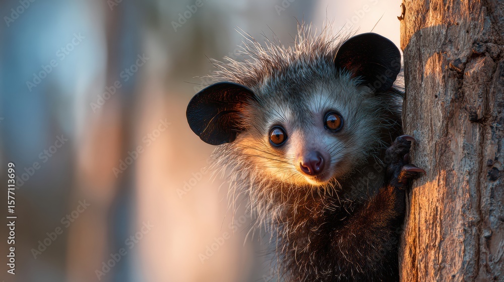 Poster aye-aye explores tree branches during dusk while the soft background adds a serene atmosphere to the