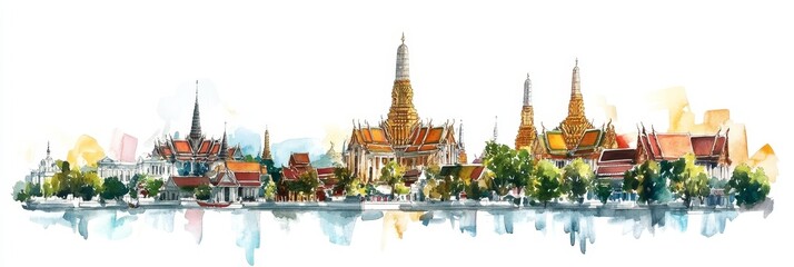 Bangkok Temple Watercolor Panorama - Serene watercolor painting of Bangkok's temples, reflecting cultural heritage, spiritual peace, architectural beauty, and vibrant tourism.