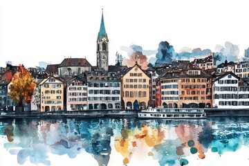 Zurich Waterfront Watercolor Scene - Charming watercolor painting of Zurich's riverside cityscape, showcasing historic architecture, autumnal colors, a tranquil river, and a passenger boat.