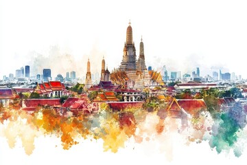 Bangkok Temple Watercolor Skyline - A vibrant watercolor painting of Bangkok's skyline, featuring the iconic Wat Arun temple, city buildings, and a blend of warm and cool colors symbolizing culture,