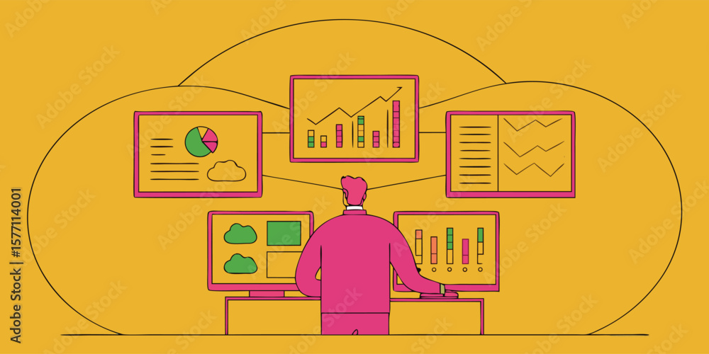 Poster person analyzing data on multiple screens computer