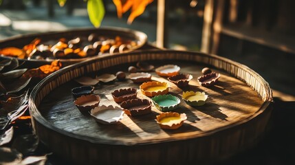 Colorful Bowls of Natural Materials Displayed on Rustic Wooden Tray