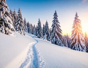 Obraz premium Winding Ski Track Through a Snowy Forest at Sunset