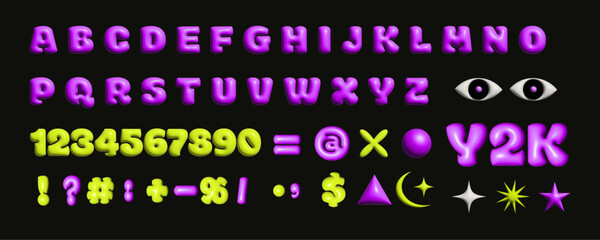 Bubble shapes alphabet font in trendy retro y2k style. Letters and numbers are rasterized. Violet and yellow colors. Isolated black background