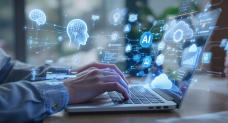 Hands Typing on Laptop with AI Brain Interface and Cloud Computing Visualization
