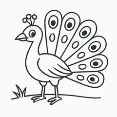 Fototapeta premium Outline of a peacock standing on grass with fanned tail, coloring page 