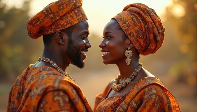 African American couple in love stand together on street. Man wears traditional orange turban, gold necklace. Woman in orange dress. Close, intimate, joyful moment. Tree-lined street background.