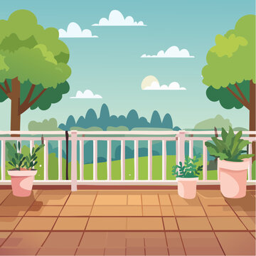 back garden patio area with wood decking and potted plants