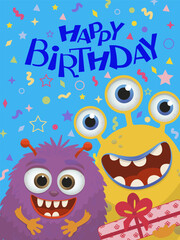 Obraz premium Colorful Monster Birthday Vector Illustration with Gift