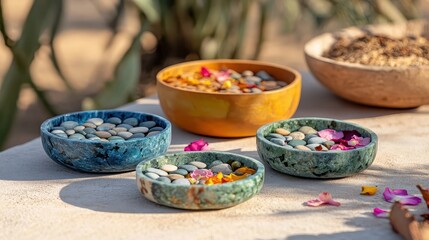 Fototapeta premium Decorative Bowls with Pebbles and Flower Petals on Table Surface