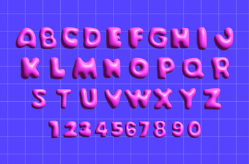Bubble shapes alphabet font in trendy retro y2k style. Letters and numbers are rasterized. Pink color. Isolated violet background