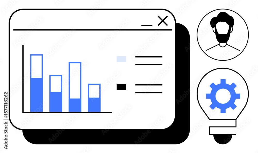 Poster bar chart analytics on a dashboard alongside user profile and light bulb gear. ideal for data visual