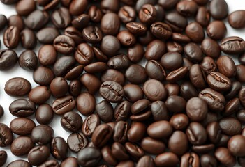Obraz premium Close-up of dark roasted coffee beans, isolated on white, smell, coffee shop