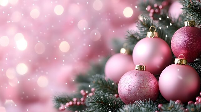 Pink Christmas ornaments on a decorated tree with green branches, surrounded by a festive, sparkling pink bokeh background