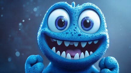 Close-up of a cheerful, blue, cartoon monster with big eyes and teeth, against a dark background with bokeh.
