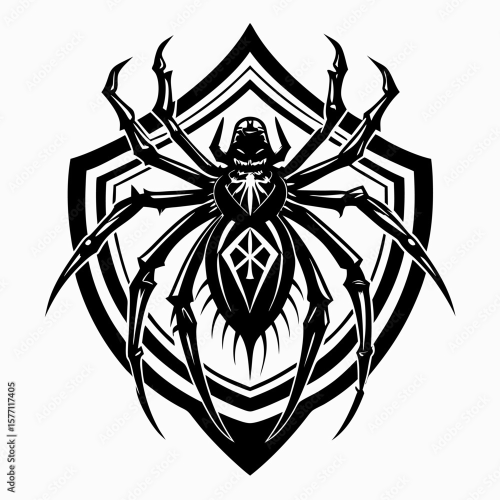 Poster intricate spider design shield with geometric patterns in monochrome style