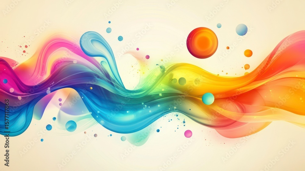 Poster abstract colorful wave design with vibrant hues and floating spheres.