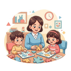 Teacher and two children happily assemble jigsaw puzzles together at a table in a classroom.