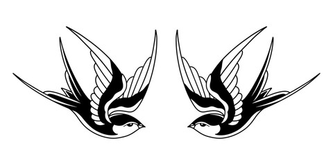 Two traditional tattoo style swallows vector illustration, swallow tattoo 