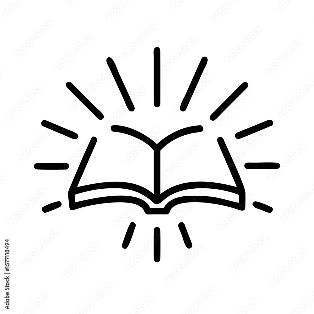 Poster open book radiating light with symbolic representation of knowledge