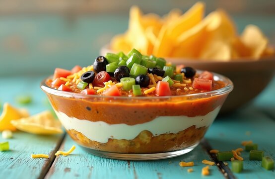 Mexican layered dip with creamy orange-colored dish, garnished with black olives, green peppers on blue tablecloth. Nacho chips in background, communal dining experience. Vibrant orange color, - Powered by Adobe