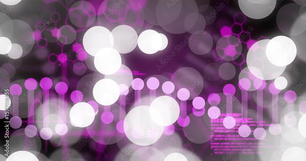 Poster white bokeh circles drifting in revealing neon pink code and pulsing dna helix visualizing genes