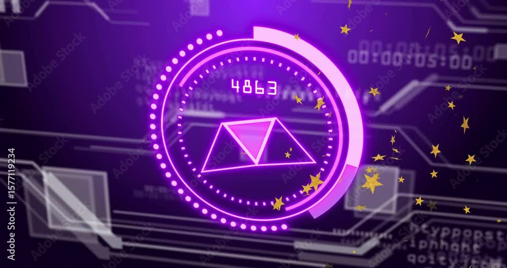 Poster on number updating magenta hud gauge rotating, pulsing circuits, drifting stars showing progress