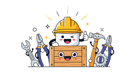 Happy character in hard hat with tools and wooden box celebrating success