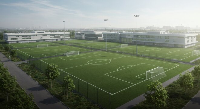 Modern Soccer Training Complex: Aerial view of multiple green football pitches and contemporary academy buildings under a bright sky.