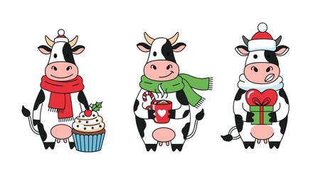 Adorable festive cows enjoying winter holidays with treats and gifts