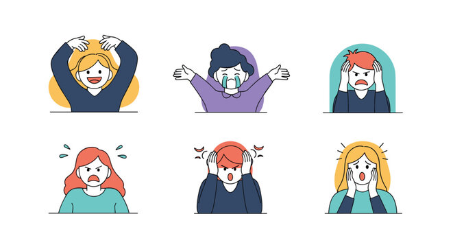 Expressive emotions illustrated human faces capturing various feelings like joy sadness stress and surprise