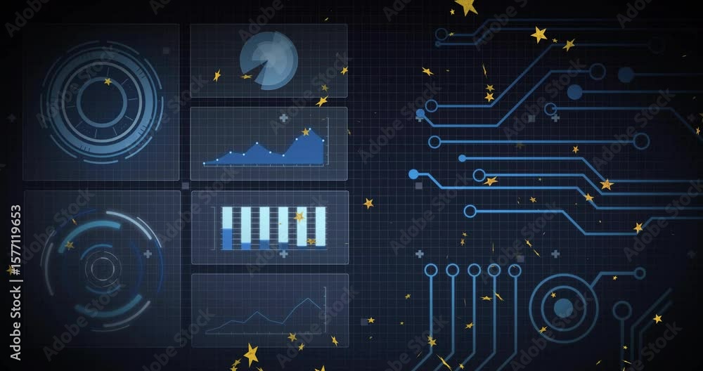 Poster dark grid opening panels showing charts, circuit lines pulsing and stars drifting for data display