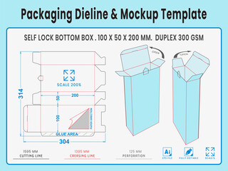 Packaging Dieline and Mockup Template. Self Lock Bottom Box. Dieline Real Shape and Dimension. Mockup Template. Fully editable vector. Equipped die cut lengths prepared for production.