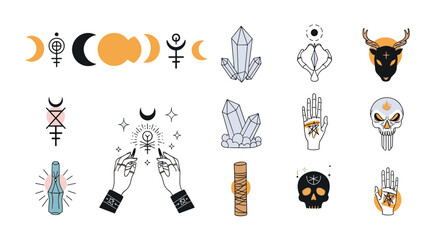 Fototapeta premium Mystical esoteric symbols and occult designs featuring crystals skulls and celestial bodies