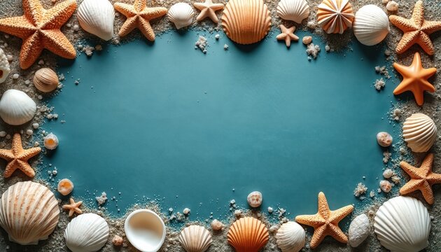 Tropical summer beach illustration with shell, starfish arrangement on teal background. Grid-like pattern of white, yellow shells, starfish adds visual interest. Scattered objects create depth,