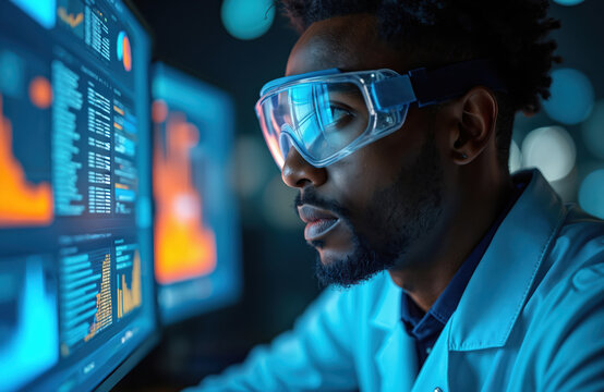 Person in white lab coat and safety goggles intensely studies computer monitor with graph of data points. Focused expression and engaged in technical or scientific work.