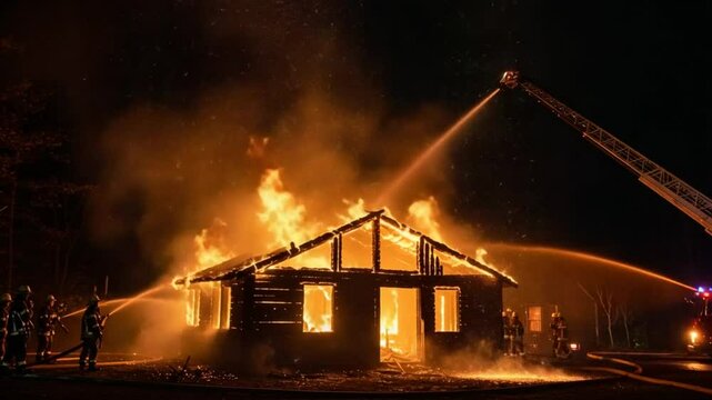 Nighttime Firefighters Battle Blaze at Wooden Structure.