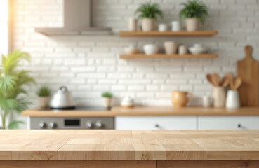 Modern kitchen interior with light-colored wooden countertop, white walls, tile backsplash and potted plants. Kitchen decor with white bowls, coffee mugs, well-lit room.