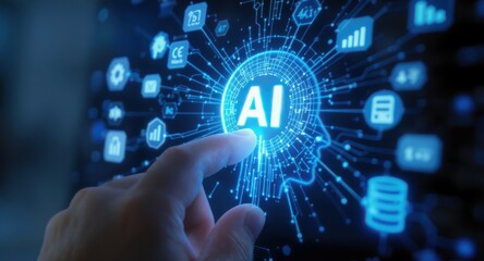 Human Hand Interacting with AI Interface, Futuristic Technology Concept, Digital World.