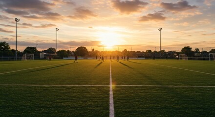 Golden Sunset Glow on a Green Sports Field with Silhouetted Players During Evening Training
