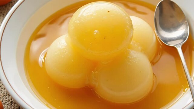 A detailed 4k footage showcasing the delicate texture and sweet cardamom infused sugar syrup of a delicious Rasgulla dessert.