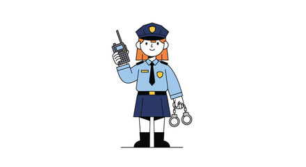Cartoon female police officer holding radio and handcuffs on white background