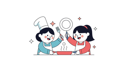 Two cheerful girls enjoying cooking together in the kitchen with delicious food