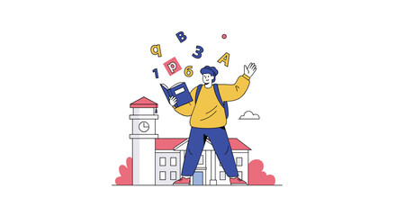 Young person learning mathematics and reading books in front of school building