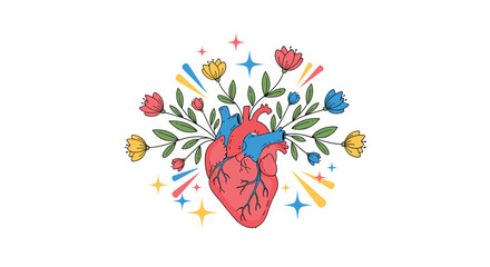 Anatomical heart bursting with colorful flowers and starbursts represents life and growth