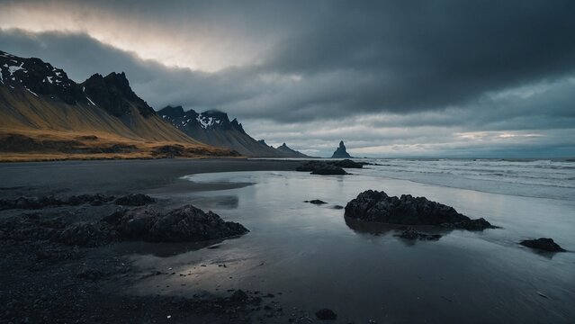 "Dark moody beach with rugged mountains Black sand, rocks in water, stormy clouds Dramatic coastal landscape." - Powered by Adobe
