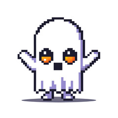 Obraz premium Retro Pixel Art Ghost with Glowing Eyes on Black Background for Halloween or Gaming Themes