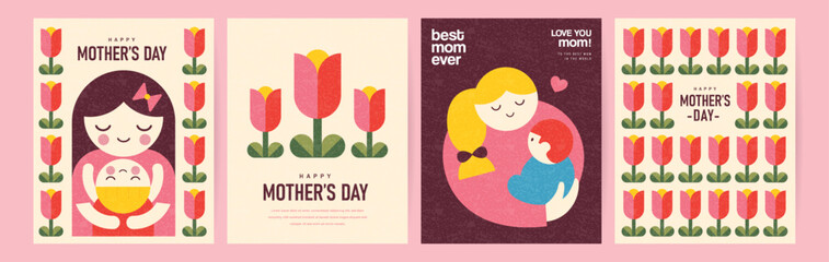 Set of Happy Mother's Day flat vector illustration in geometry style. Mom with child, flowers and abstract geometric shapes.
